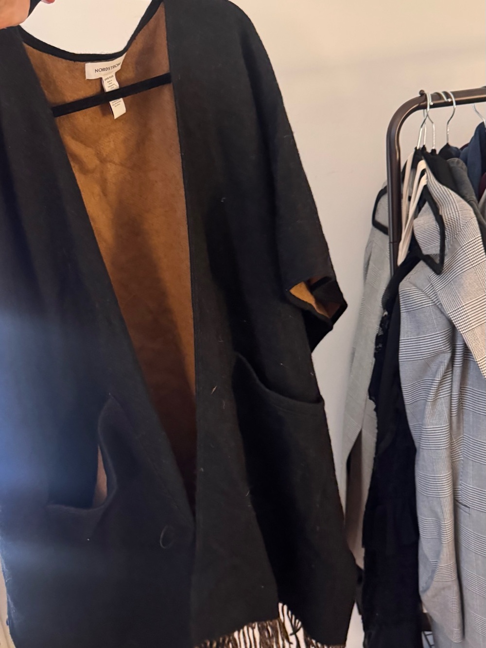Wool and Cashmere Nordstrom Black Coatigan with Brown Lining and Fringe